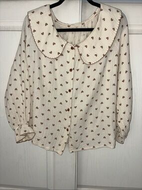 Ivory Blouse with Brown Heart Print